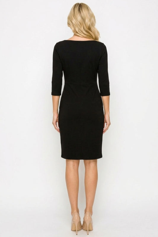 Connected Apparel V-Cut Neck 3/4 Sleeve Dress