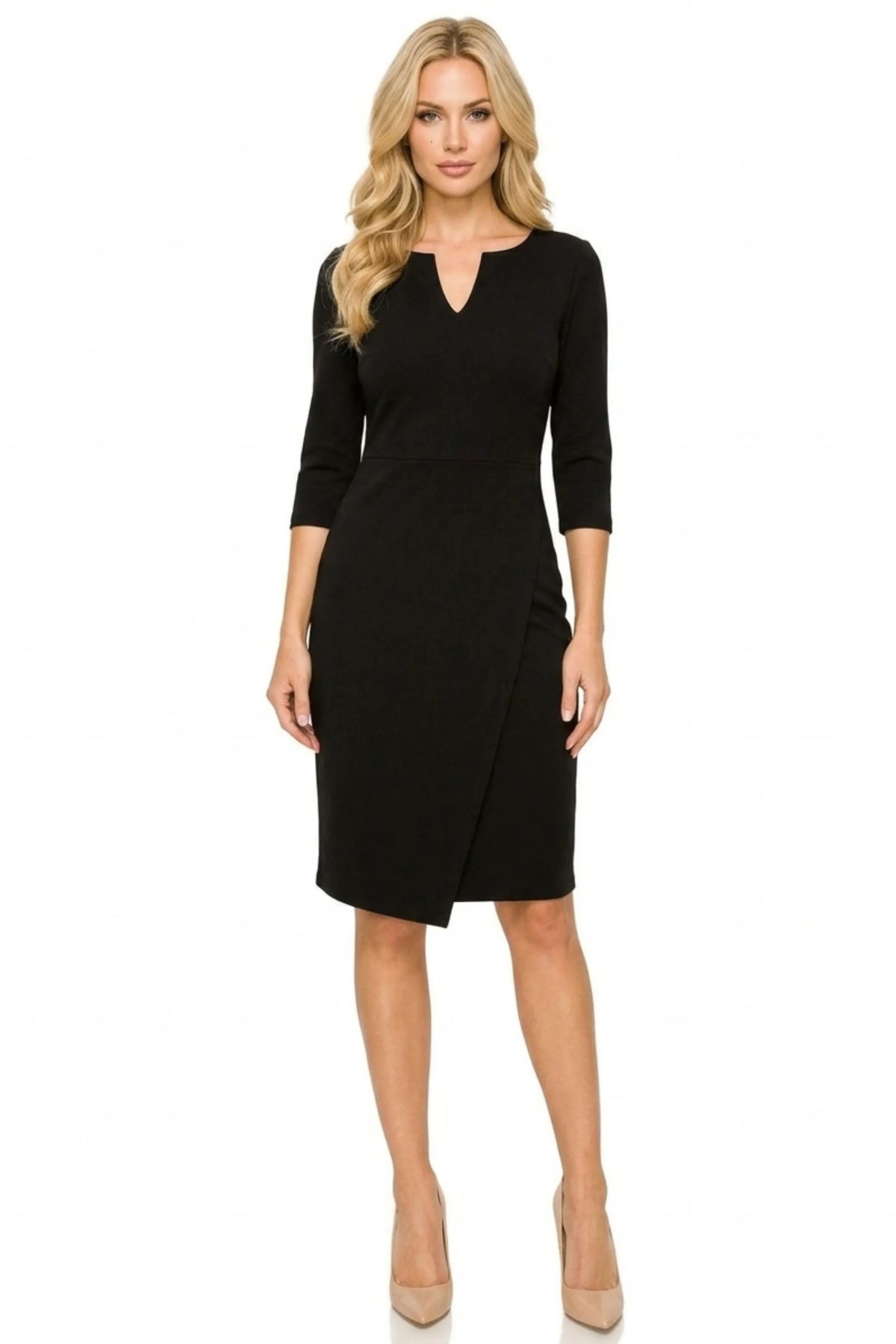 Connected Apparel V-Cut Neck 3/4 Sleeve Dress