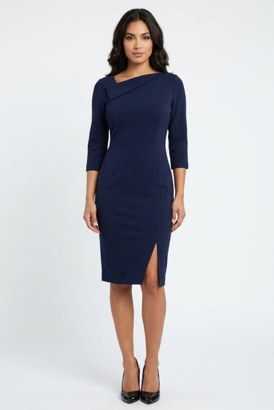 Connected Apparel Asymmetrical Neck Sheath Dress
