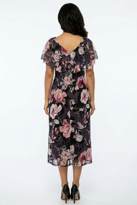 Connected Apparel Navy Floral Print Cape Midi Dress