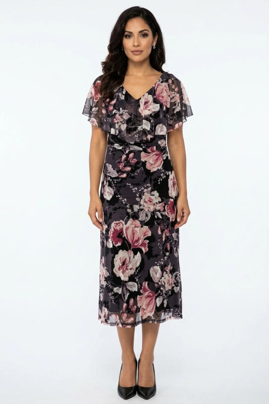 Connected Apparel Navy Floral Print Cape Midi Dress