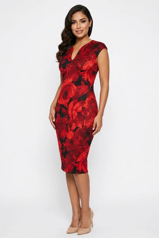 Connected Apparel Red Floral Notch-Neck Sheath Cocktail Dress