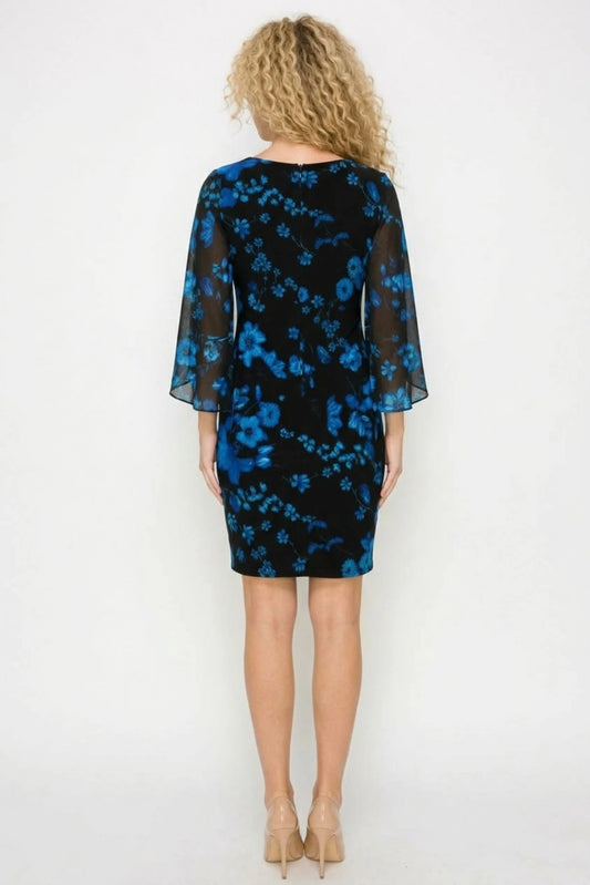 Connected Apparel Sapphire Blue Floral Sheath Dress with Sheer Chiffon Cape Sleeves