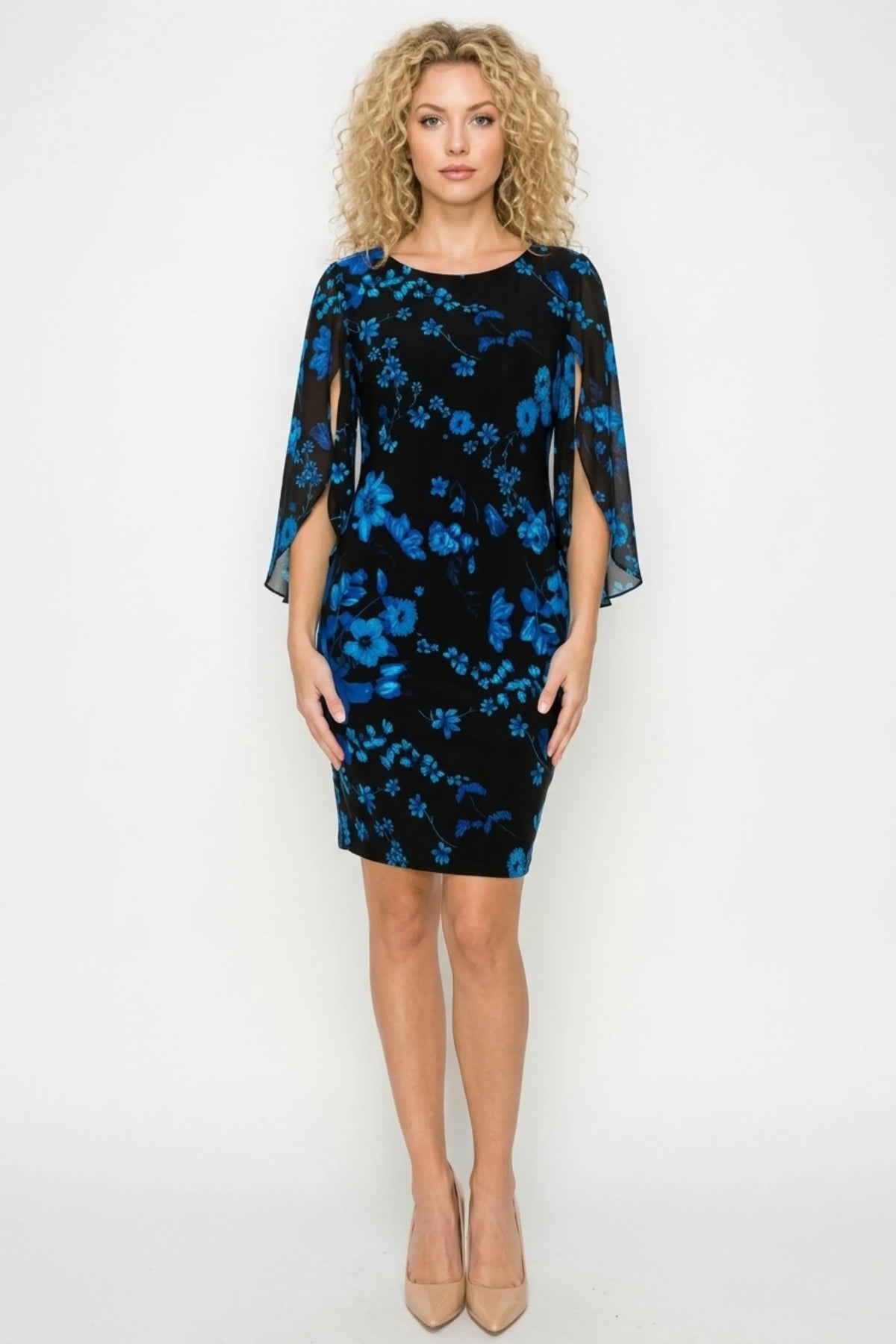 Connected Apparel Sapphire Blue Floral Sheath Dress with Sheer Chiffon Cape Sleeves