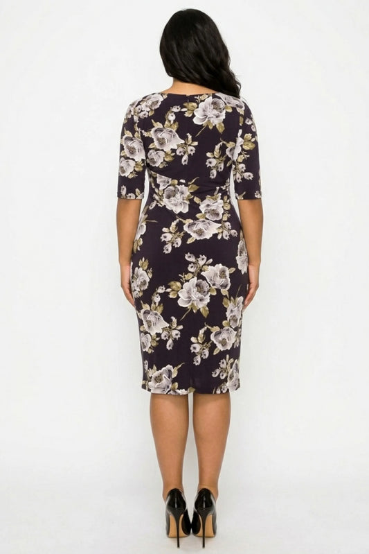 Connected Apparel Side Pleated Floral Sheath Dress