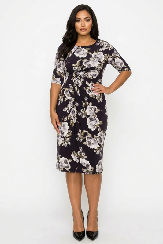 Connected Apparel Side Pleated Floral Sheath Dress