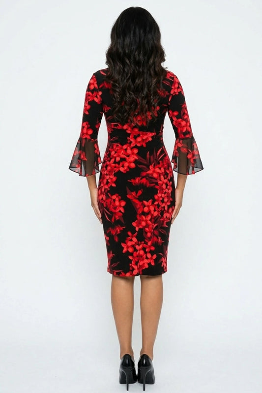 Connected Apparel Trumpet Sleeve Floral Dress