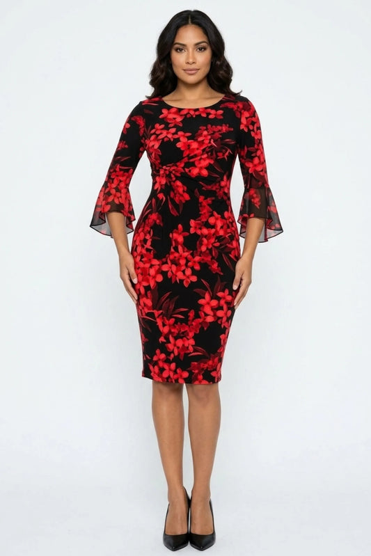 Connected Apparel Trumpet Sleeve Floral Dress