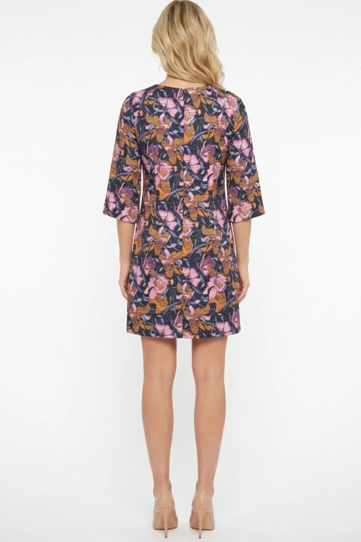 Cynthia Rowley Navy Multi Floral Jacquard 3/4 Sleeve Shift Dress