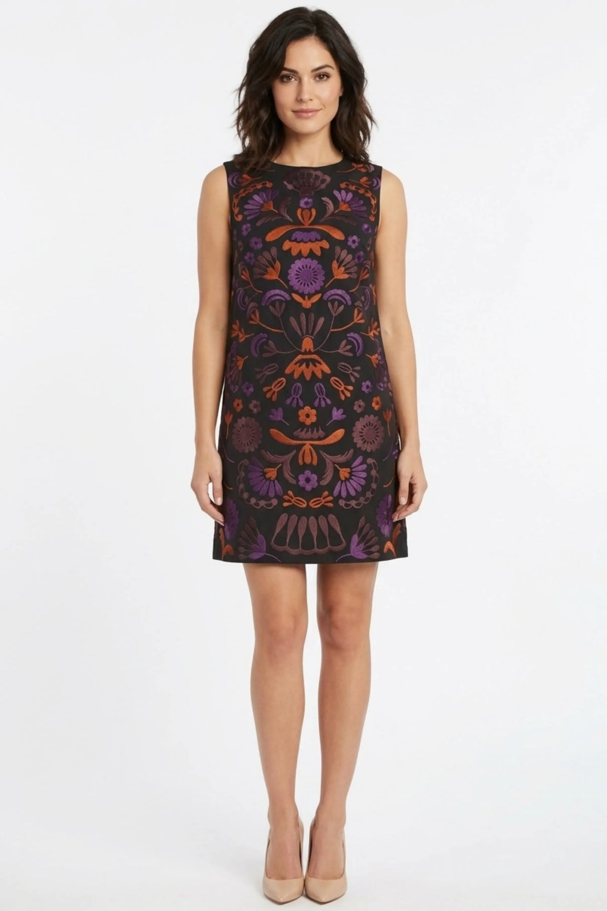 Cynthia Rowley Black Embroidered Botanical Sleeveless Shift Dress
