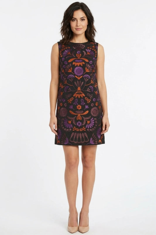 Cynthia Rowley Black Embroidered Botanical Sleeveless Shift Dress