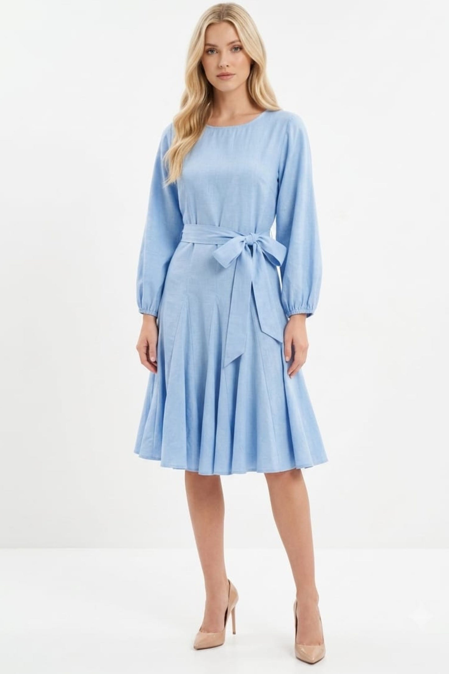 Vivid Long Sleeve Belted Godet Skirt Flared Dress