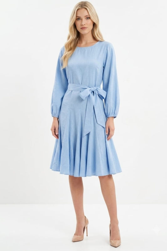 Vivid Long Sleeve Belted Godet Skirt Flared Dress