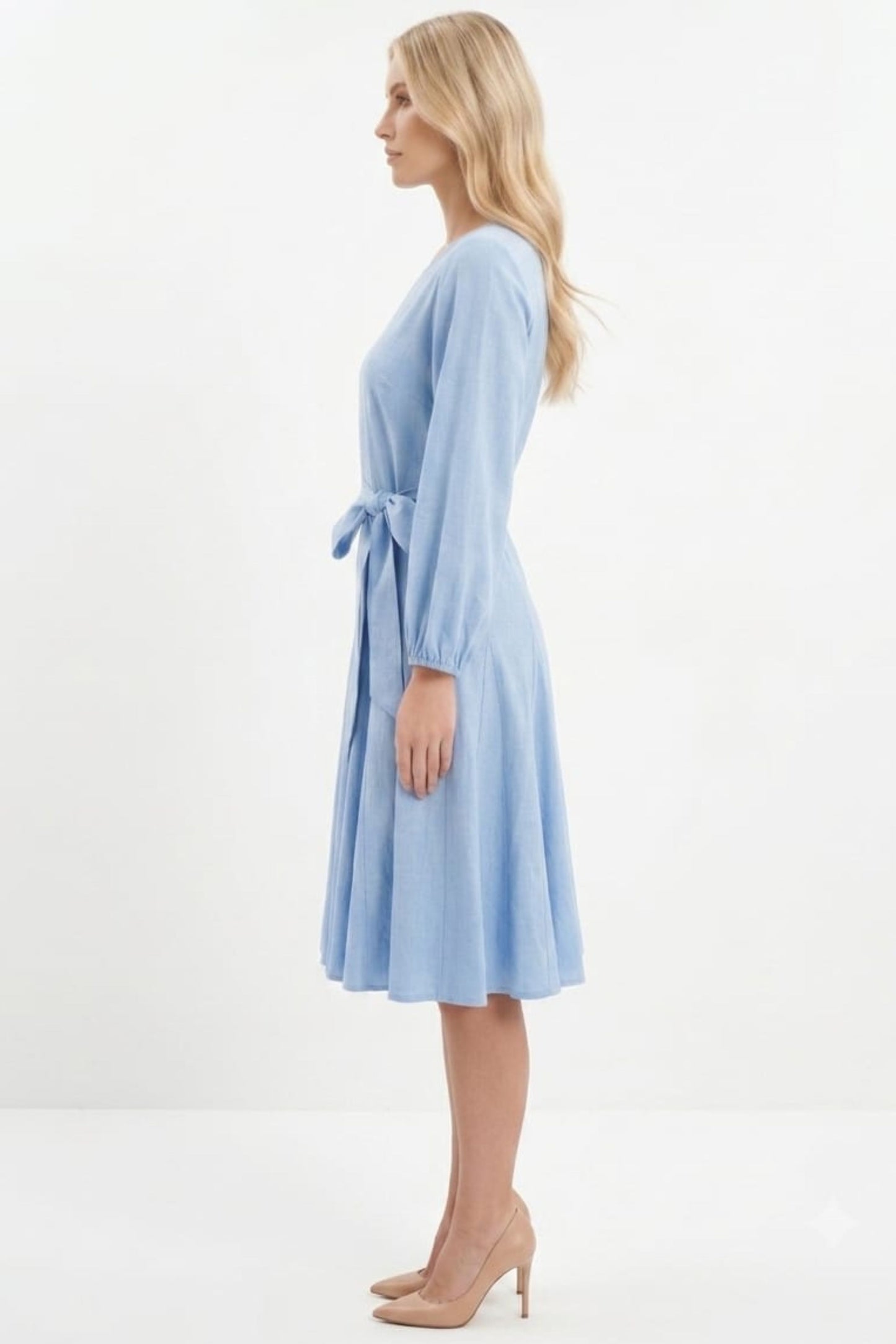 Vivid Long Sleeve Belted Godet Skirt Flared Dress