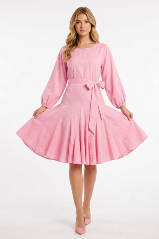 Vivid Long Sleeve Belted Godet Skirt Flared Dress