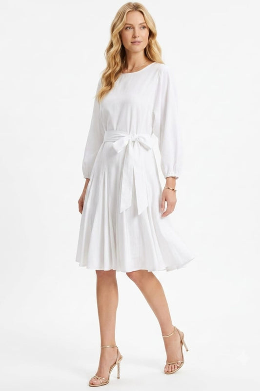 Vivid Long Sleeve Belted Godet Skirt Flared Dress
