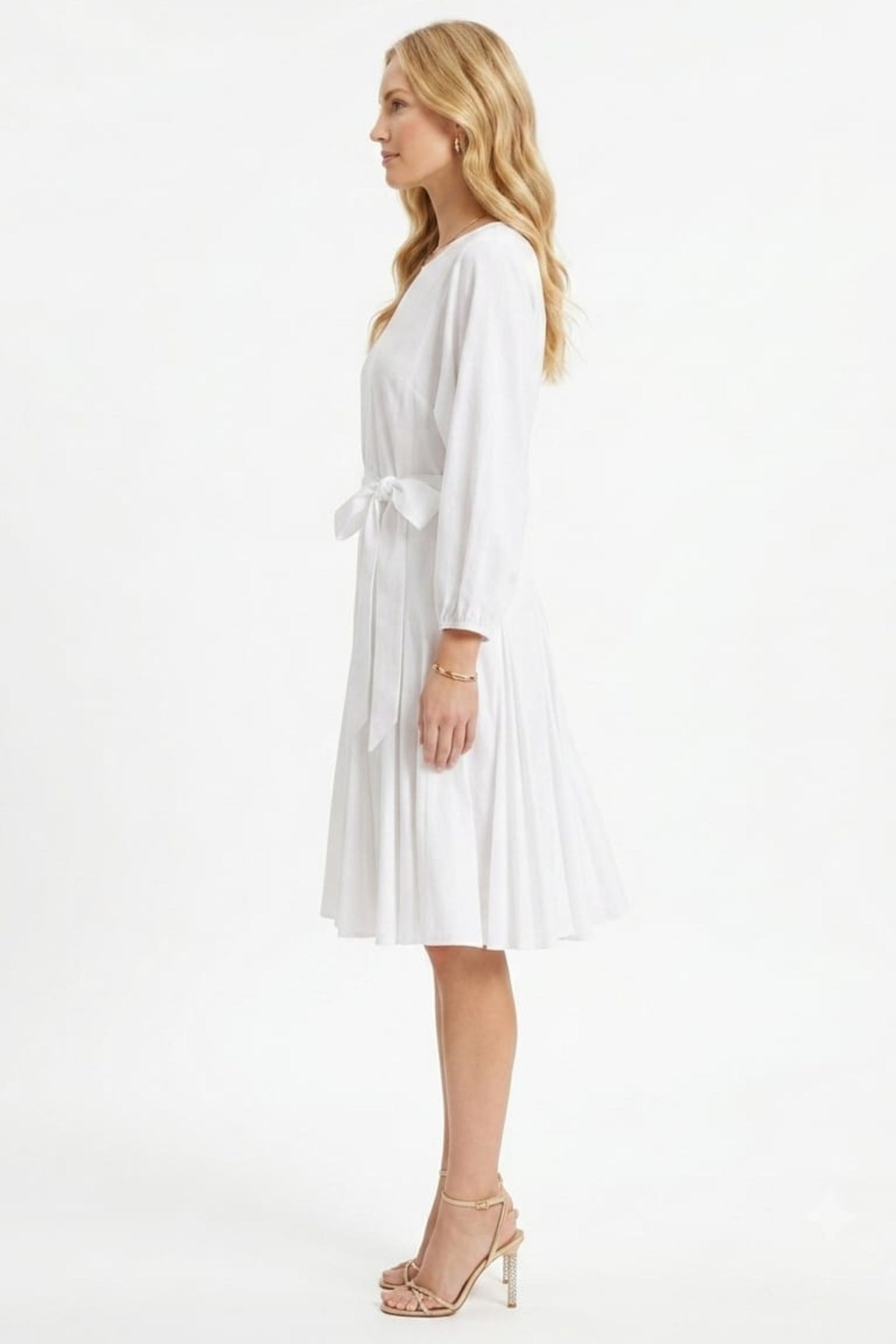 Vivid Long Sleeve Belted Godet Skirt Flared Dress