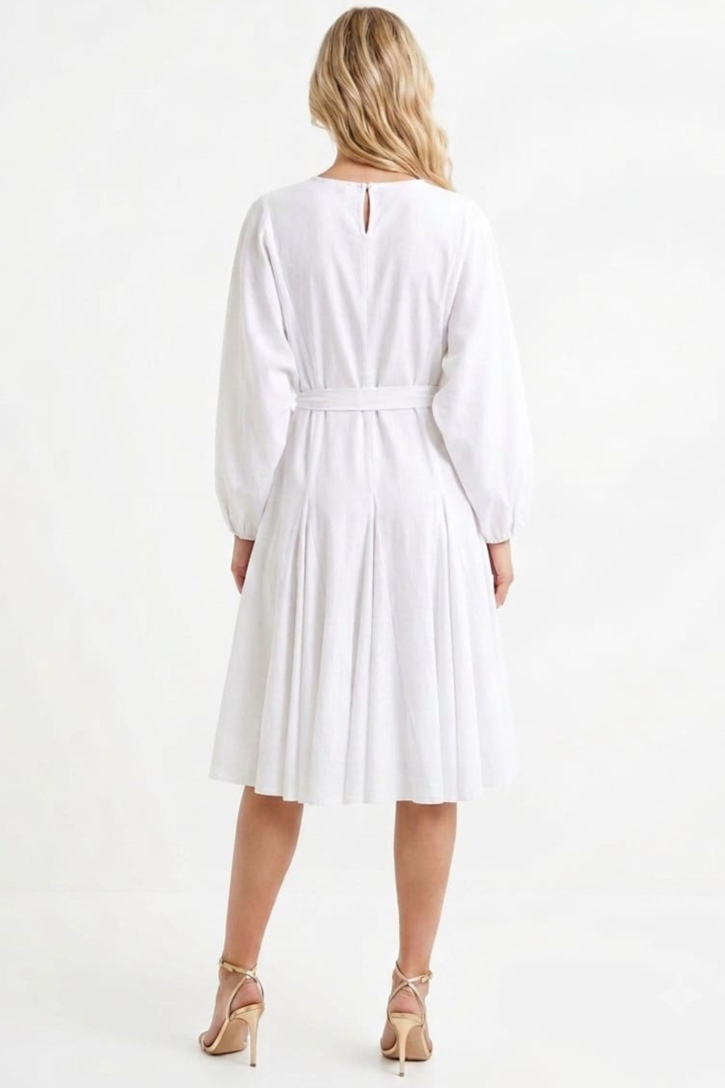 Vivid Long Sleeve Belted Godet Skirt Flared Dress