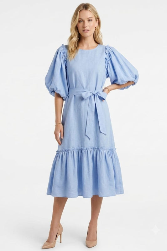 Vivid Short Puff Sleeve Belted Tiered Skirt Dress