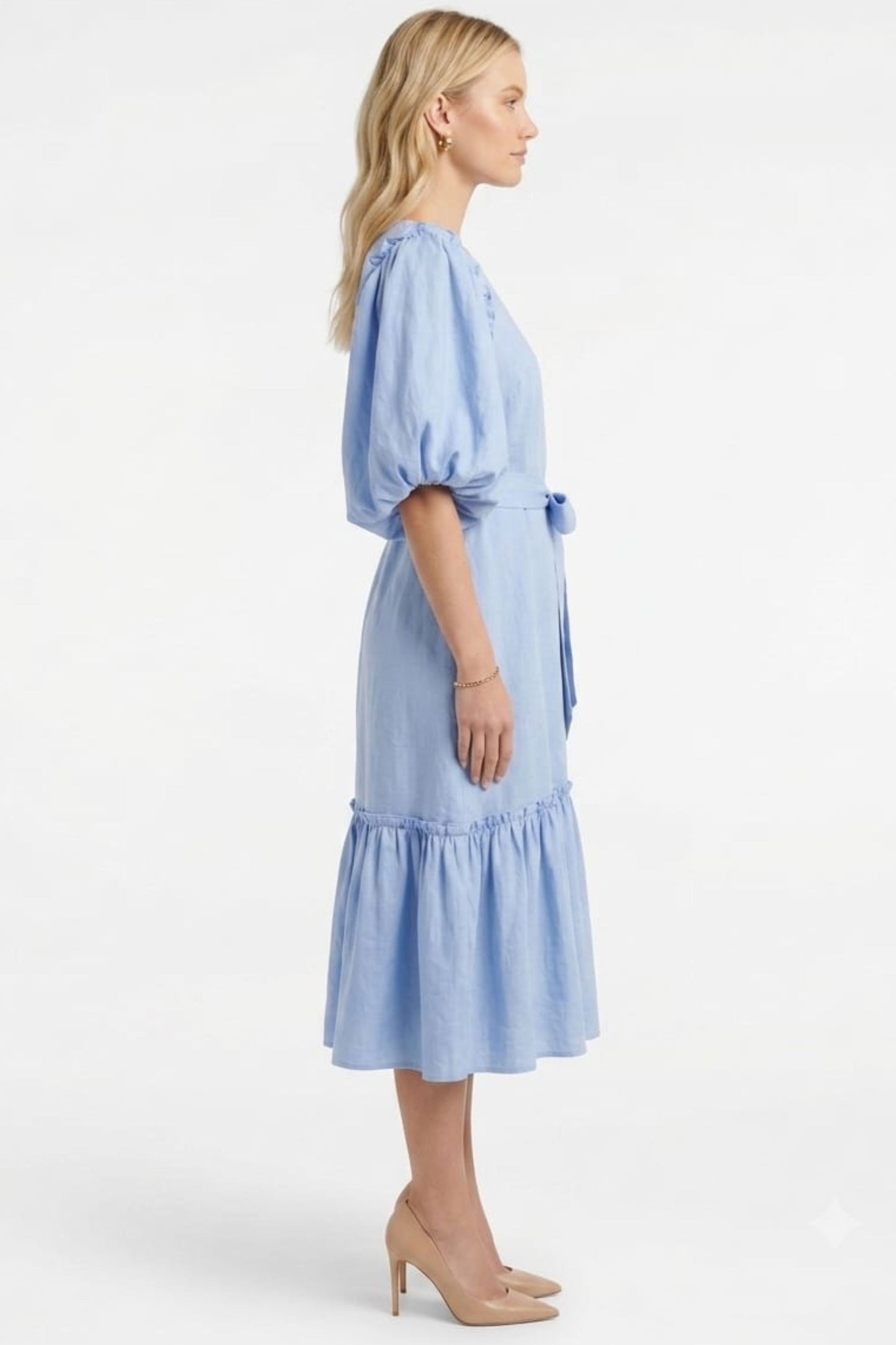 Vivid Short Puff Sleeve Belted Tiered Skirt Dress