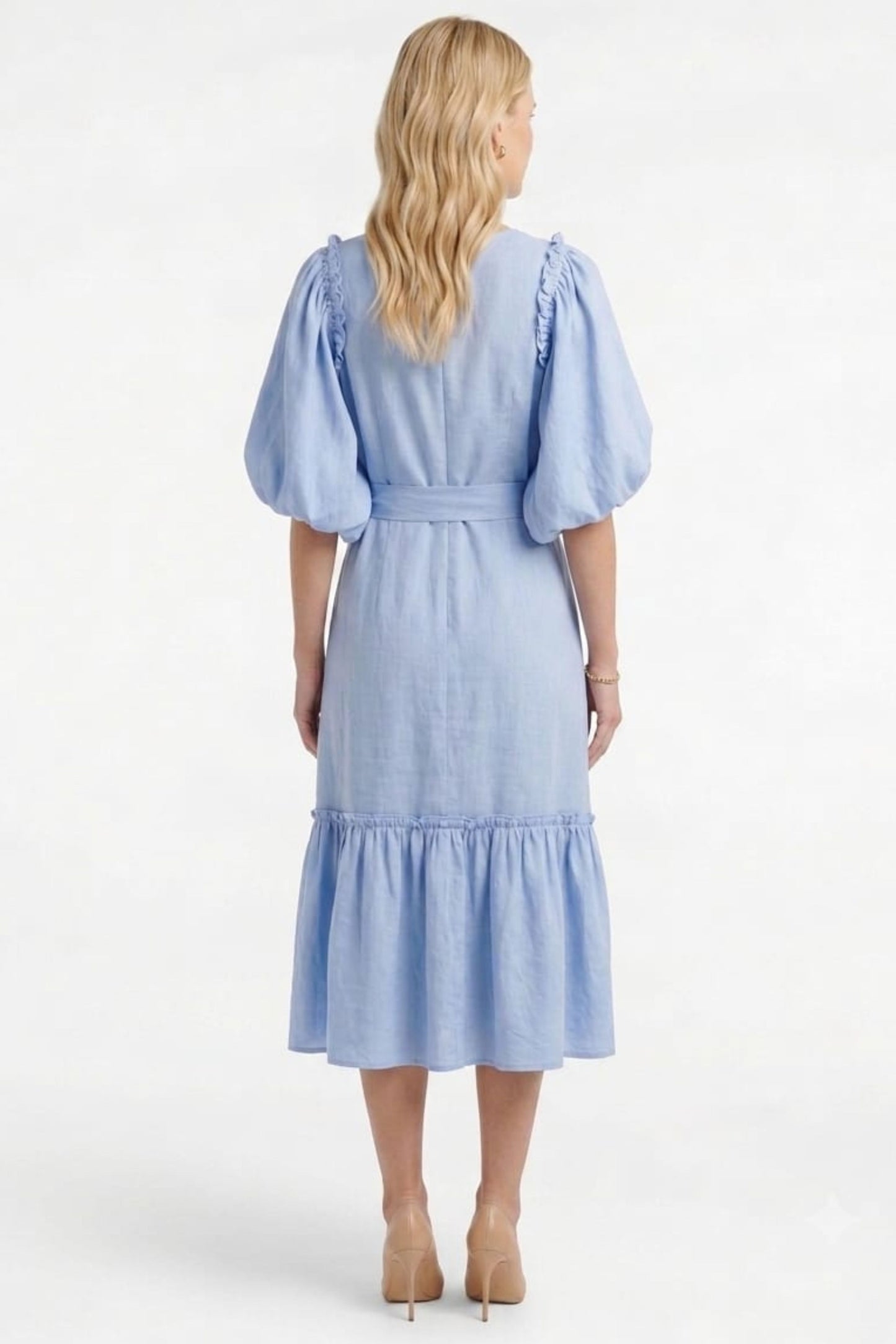 Vivid Short Puff Sleeve Belted Tiered Skirt Dress