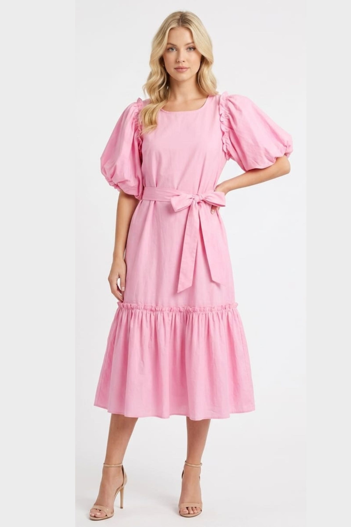 Vivid Short Puff Sleeve Belted Tiered Skirt Dress