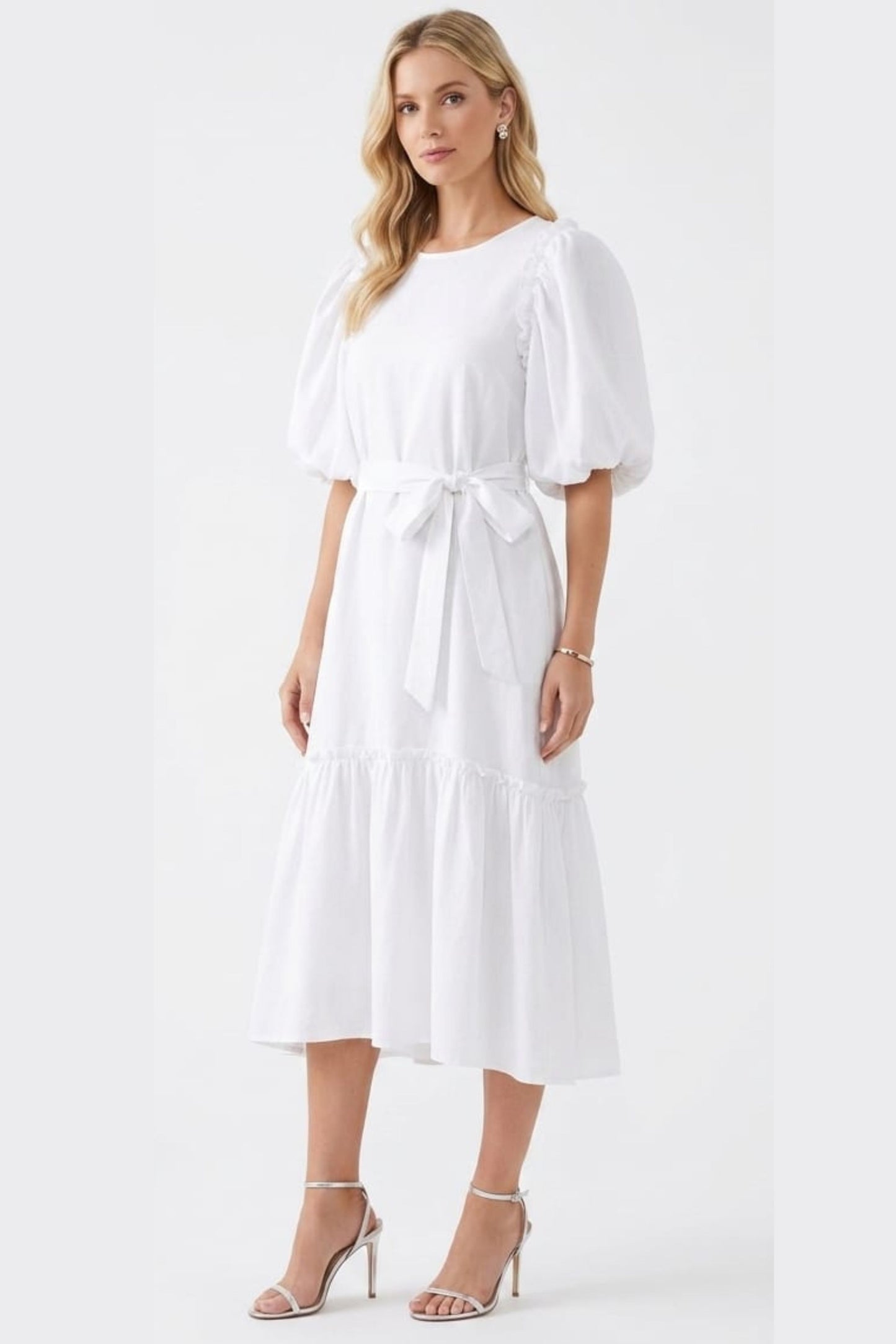 Vivid Short Puff Sleeve Belted Tiered Skirt Dress