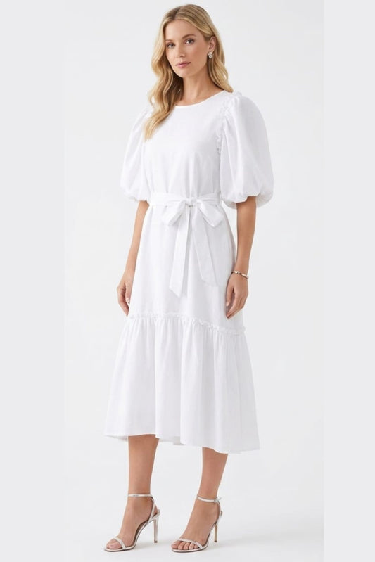 Vivid Short Puff Sleeve Belted Tiered Skirt Dress