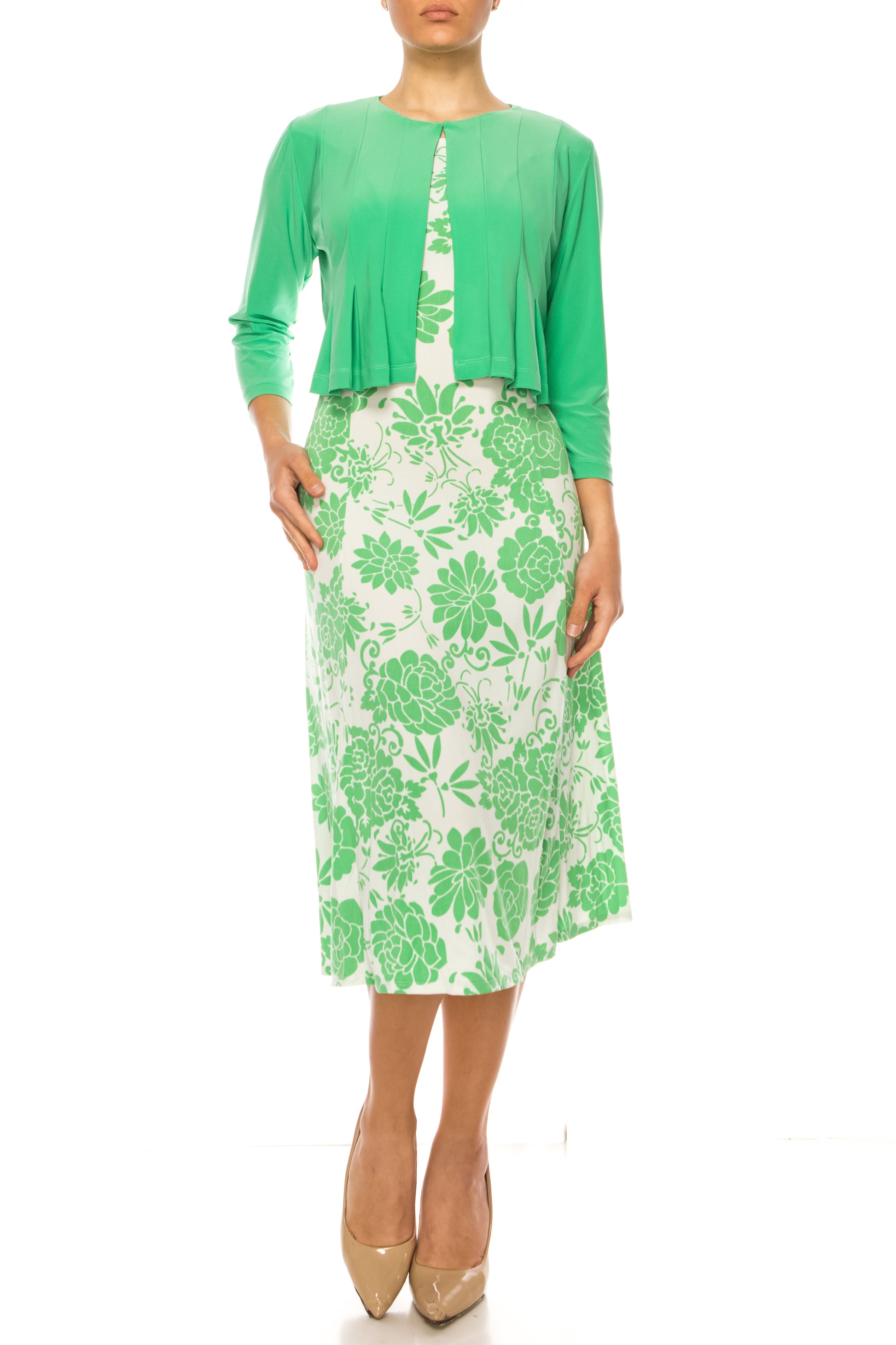 danny midi dress green Danny & Nicole Floral Midi Pleated Jacket Dress New Yorker's Apparel