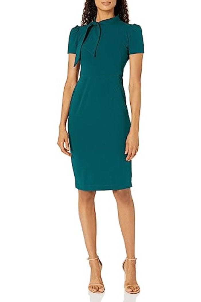 Maggy London Tie Mockneck Short Sleeve Sheath Dress