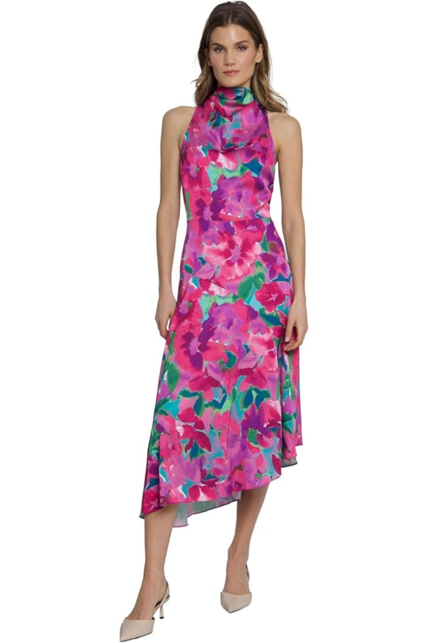 Maggy London Aqua & Pink Floral High-Neck Sleeveless Midi Dress