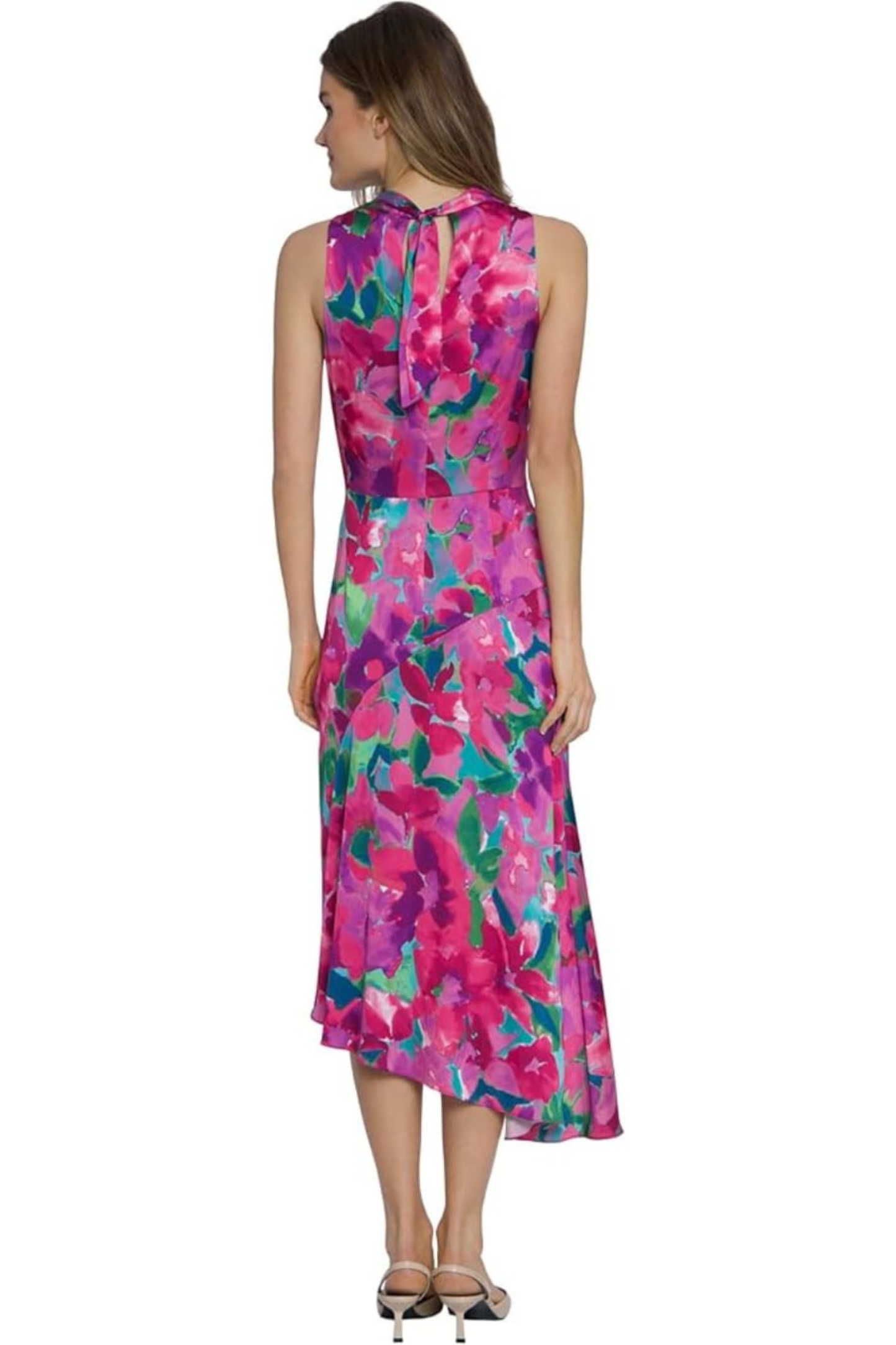Maggy London Aqua & Pink Floral High-Neck Sleeveless Midi Dress