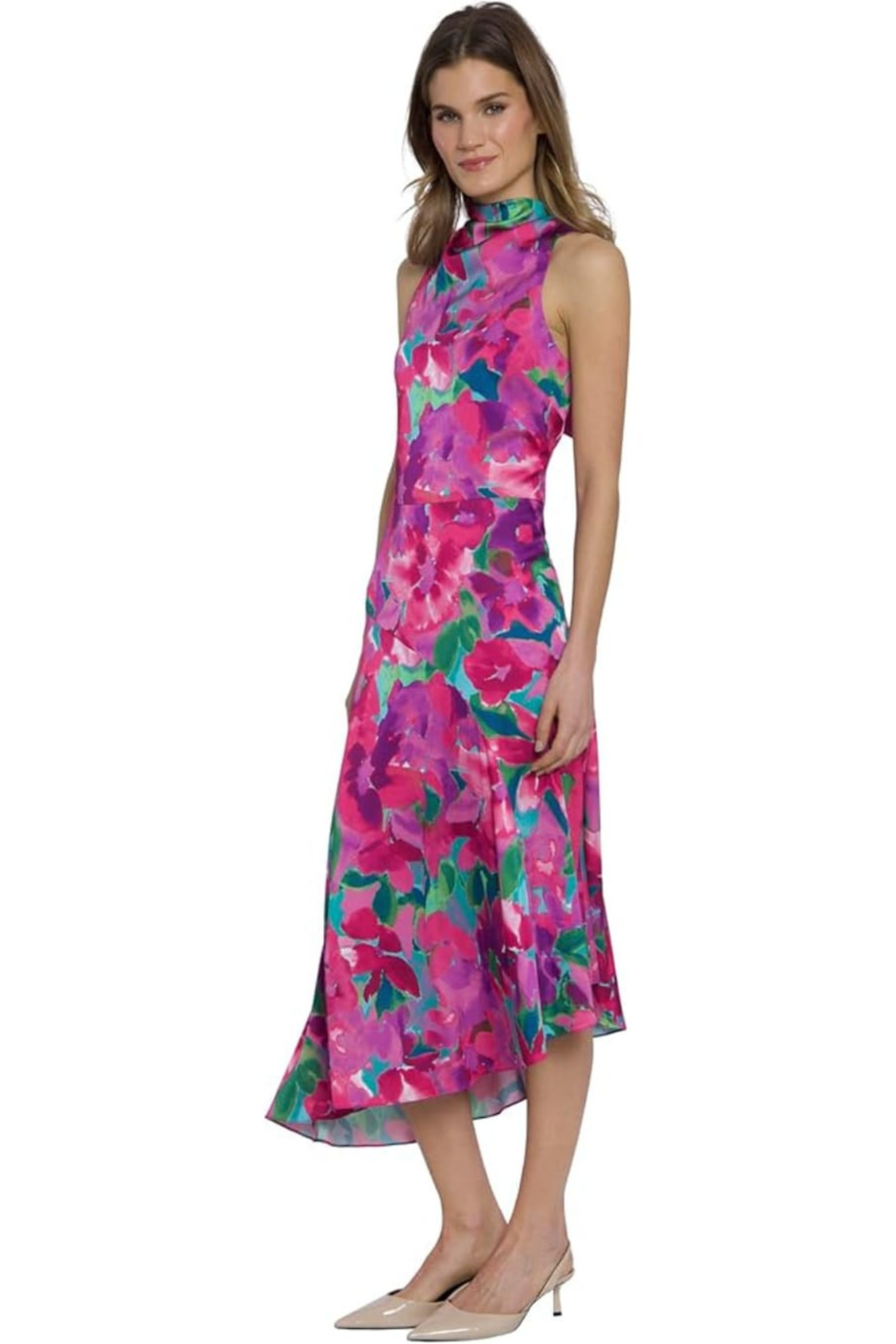 Maggy London Aqua & Pink Floral High-Neck Sleeveless Midi Dress