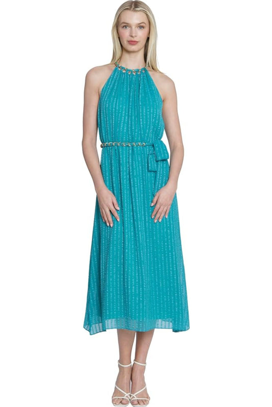 Maggy London Turquoise Halter Midi Dress with Chain Detail