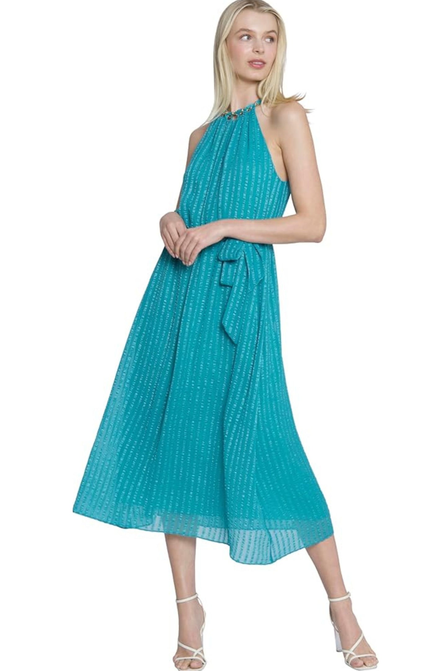 Maggy London Turquoise Halter Midi Dress with Chain Detail