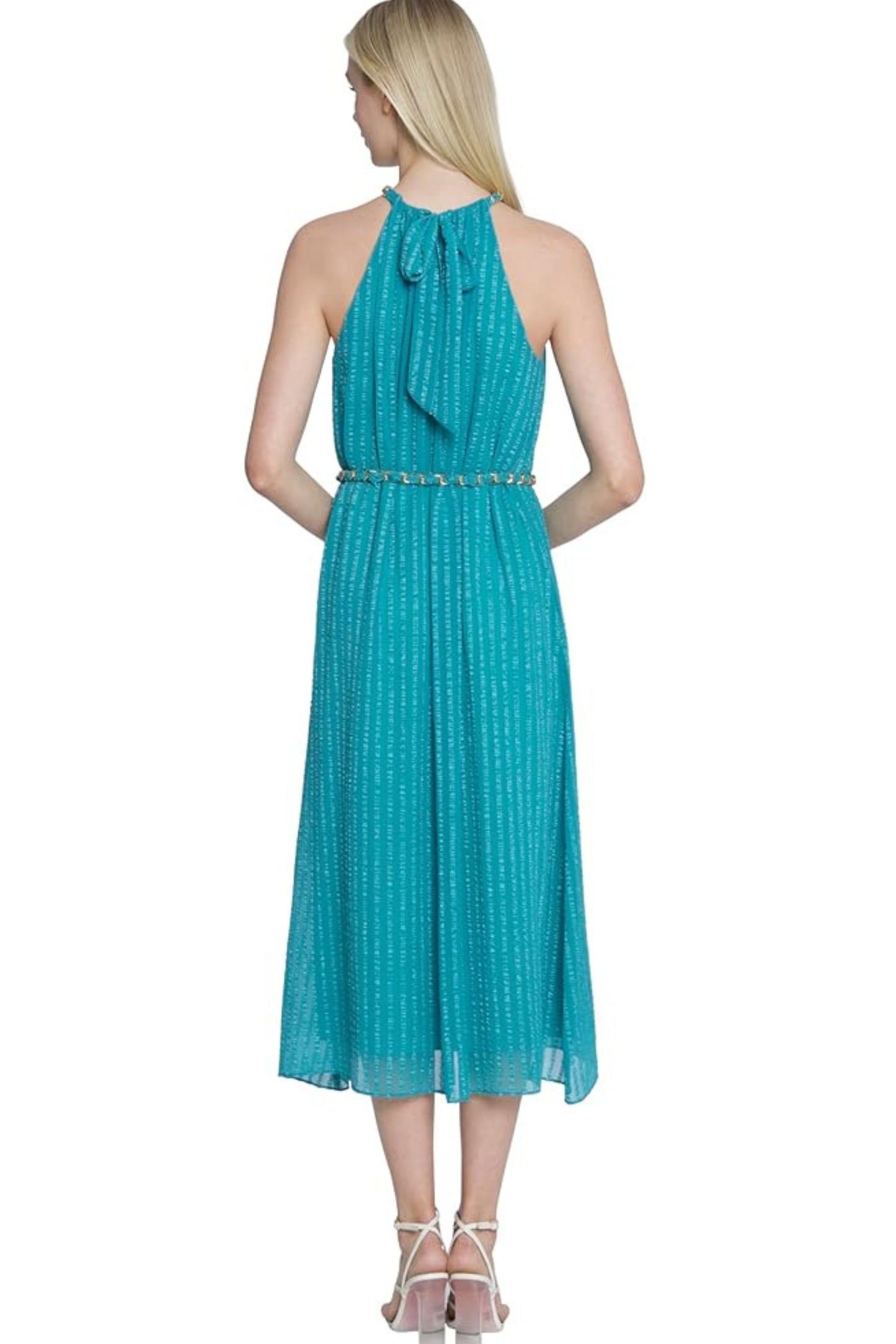 Maggy London Turquoise Halter Midi Dress with Chain Detail