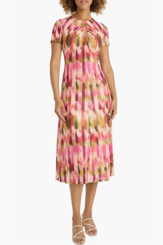Maggy London Beige Fondant Pink Abstract Print Midi Dress