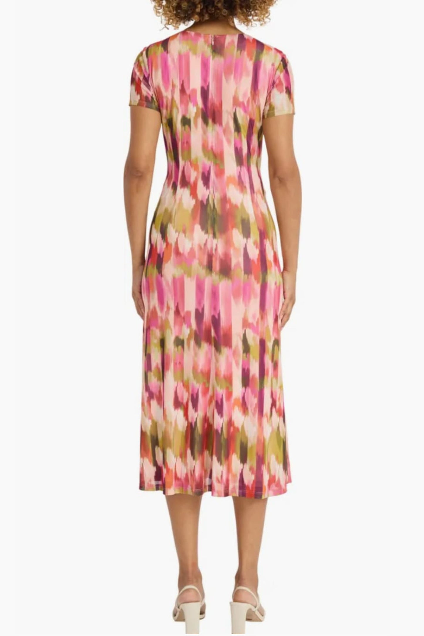 Maggy London Beige Fondant Pink Abstract Print Midi Dress