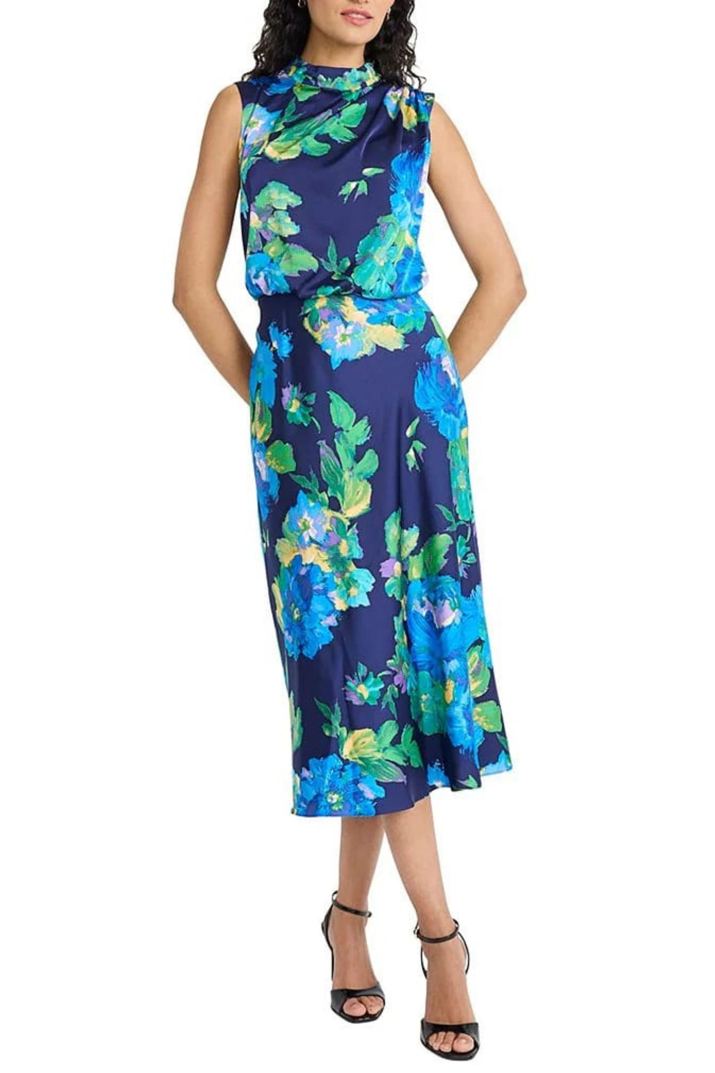 Maggy London Navy Blue Floral Mock Neck Midi Dress