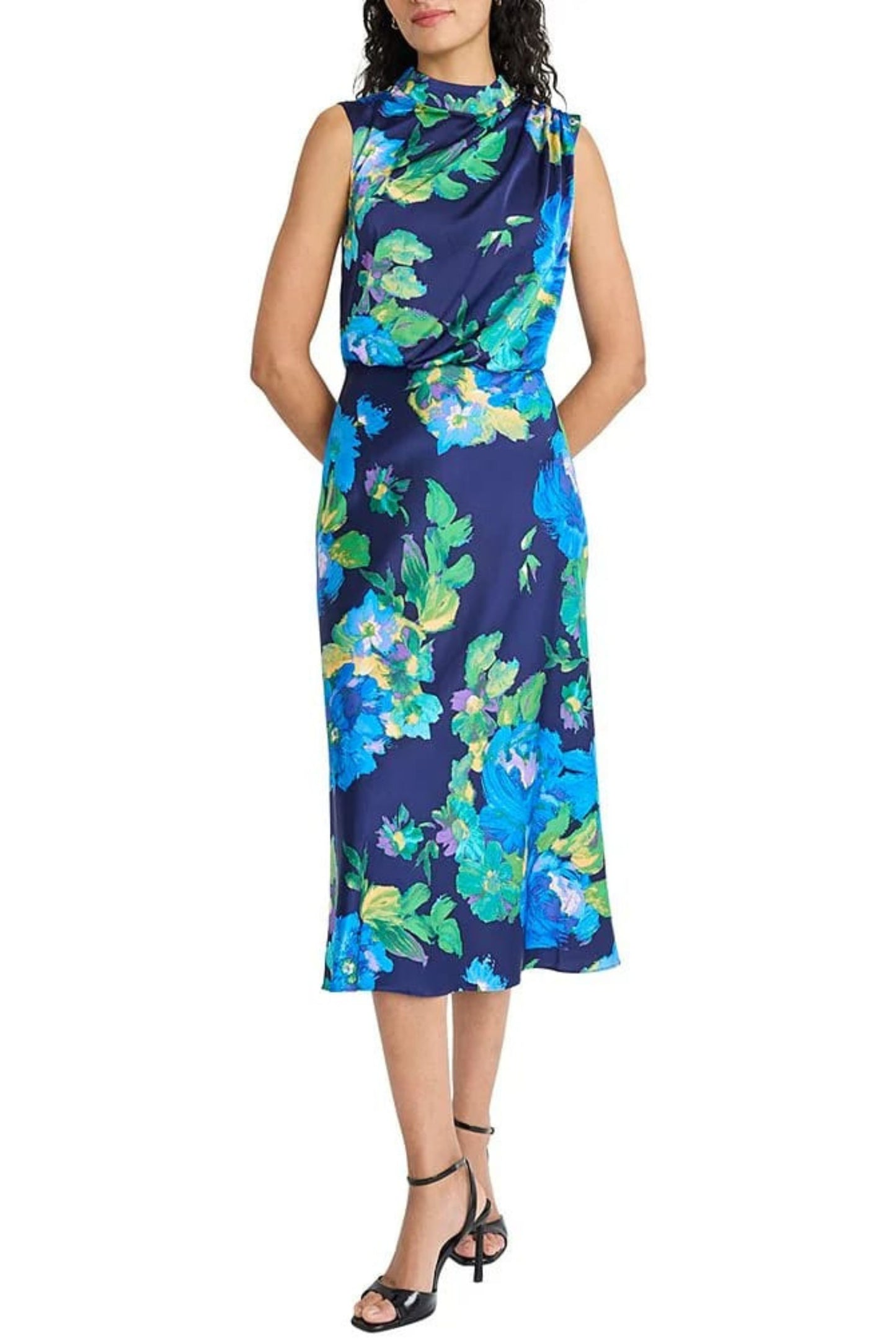 Maggy London Navy Blue Floral Mock Neck Midi Dress