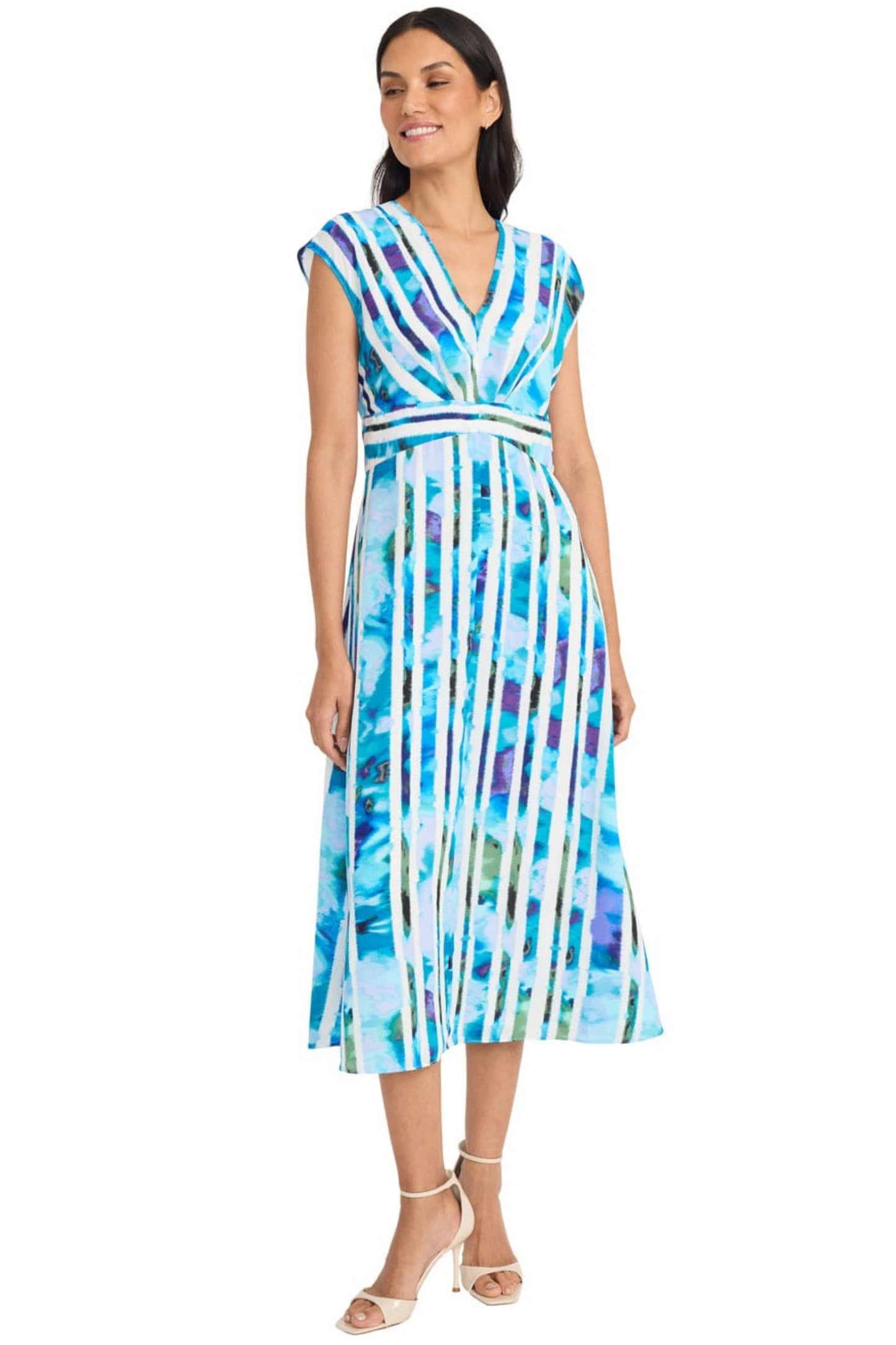 Maggy London White Blue Striped Floral Midi Dress