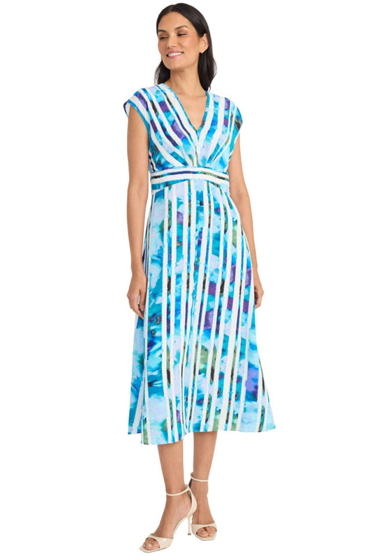 Maggy London White Blue Striped Floral Midi Dress