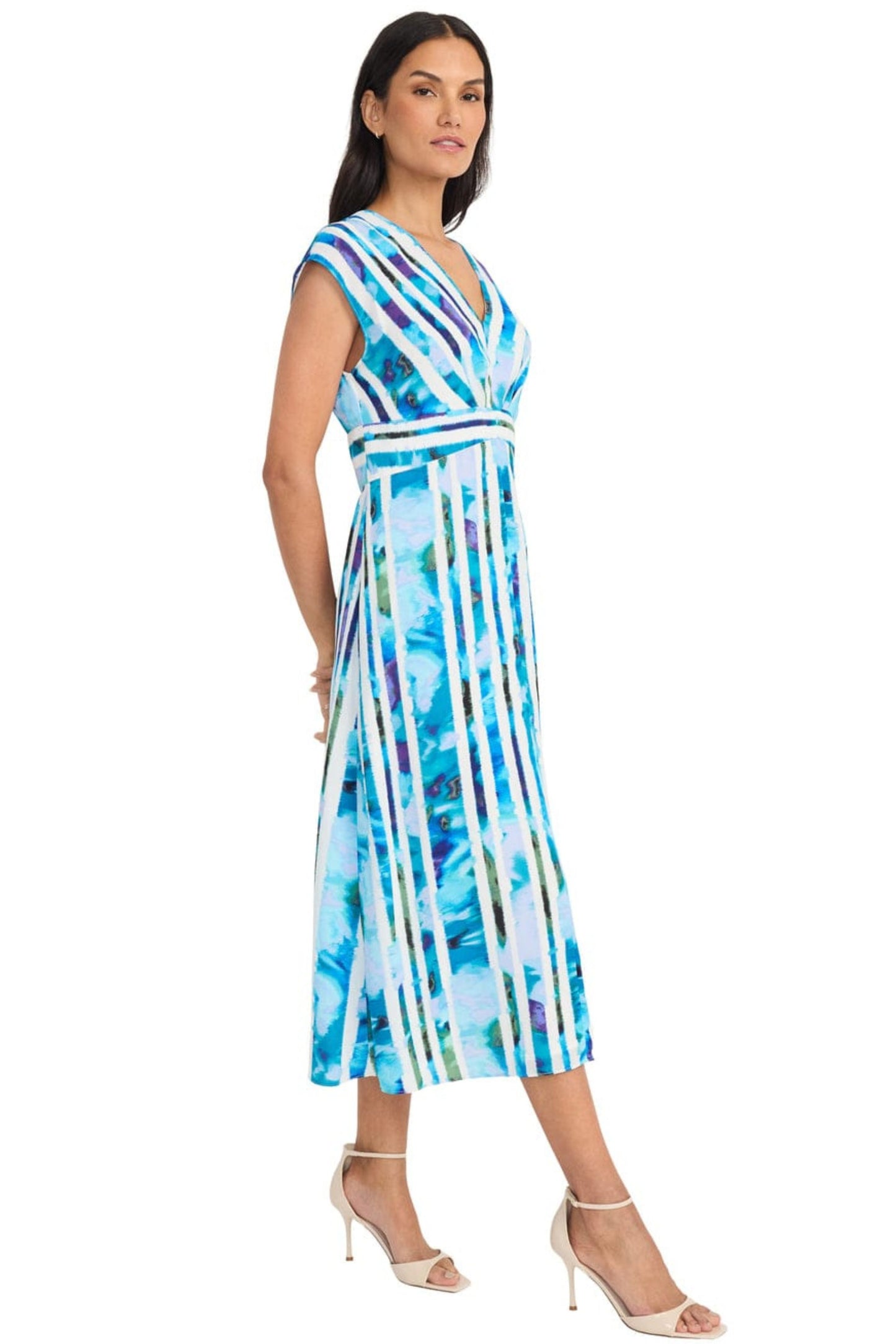 Maggy London White Blue Striped Floral Midi Dress