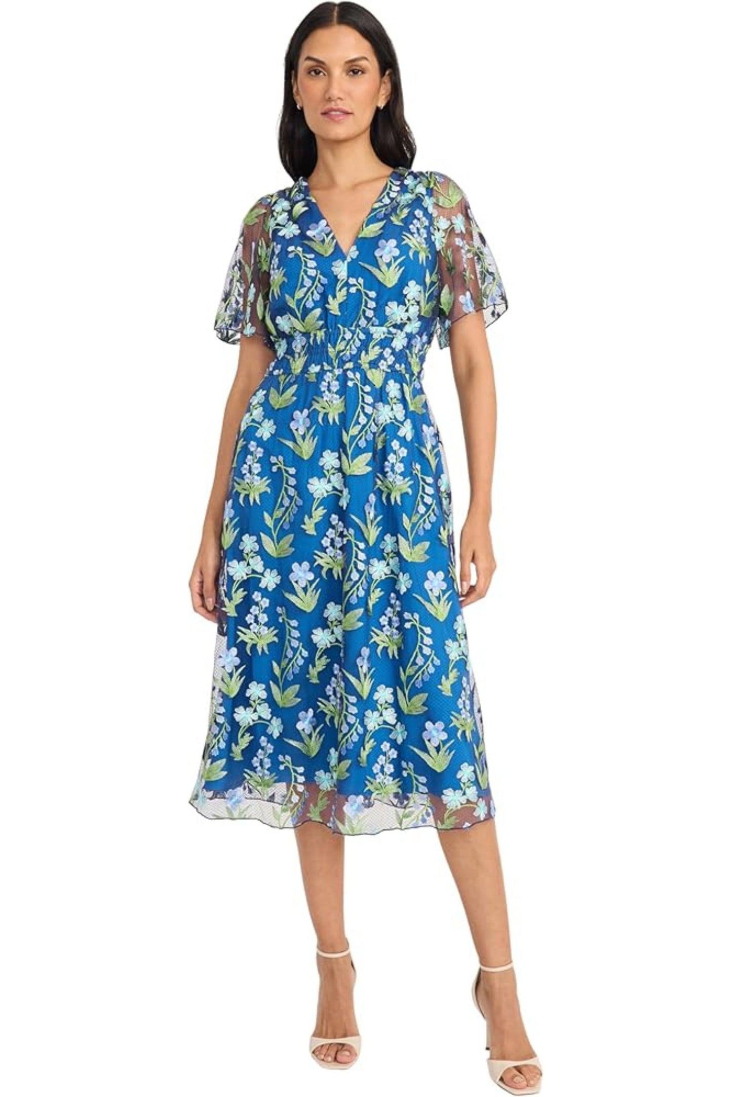 Maggy London Blue Green Floral Embroidered Mesh Midi Dress