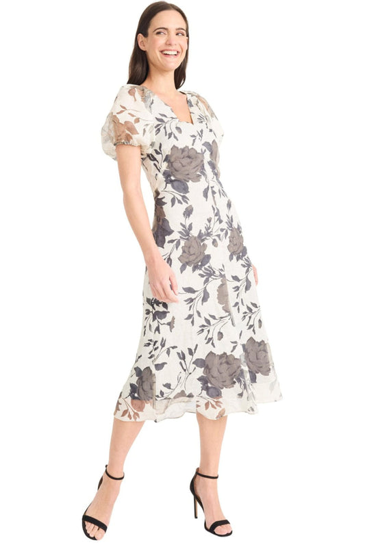 Maggy London Grey Ivory Floral Puff Sleeve Midi Dress