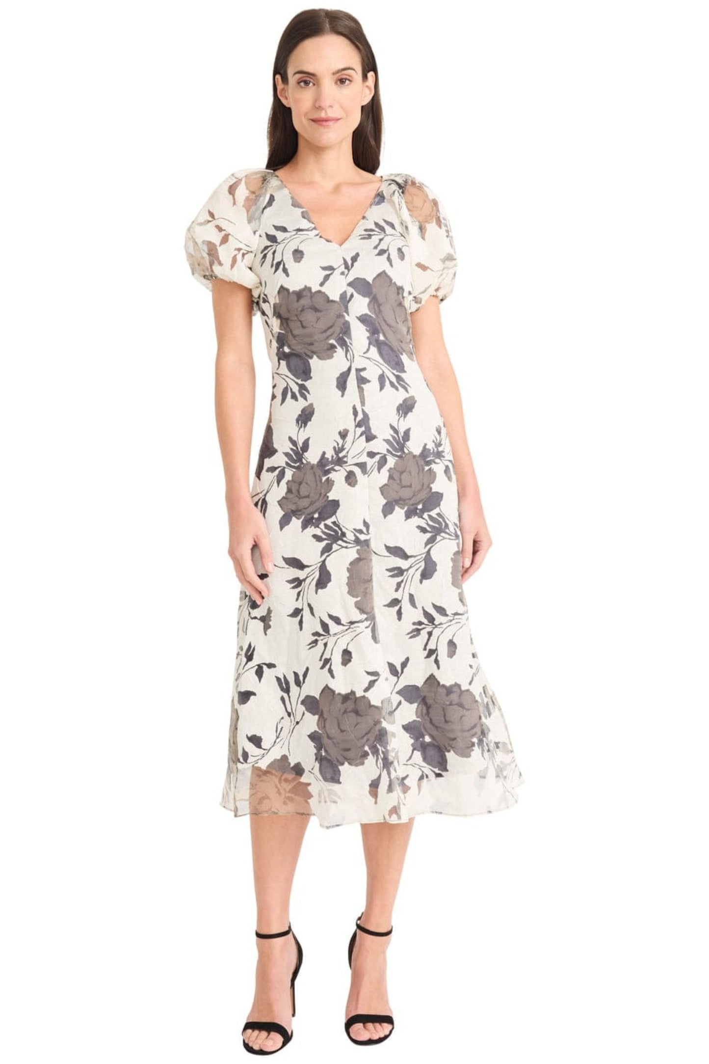 Maggy London Grey Ivory Floral Puff Sleeve Midi Dress