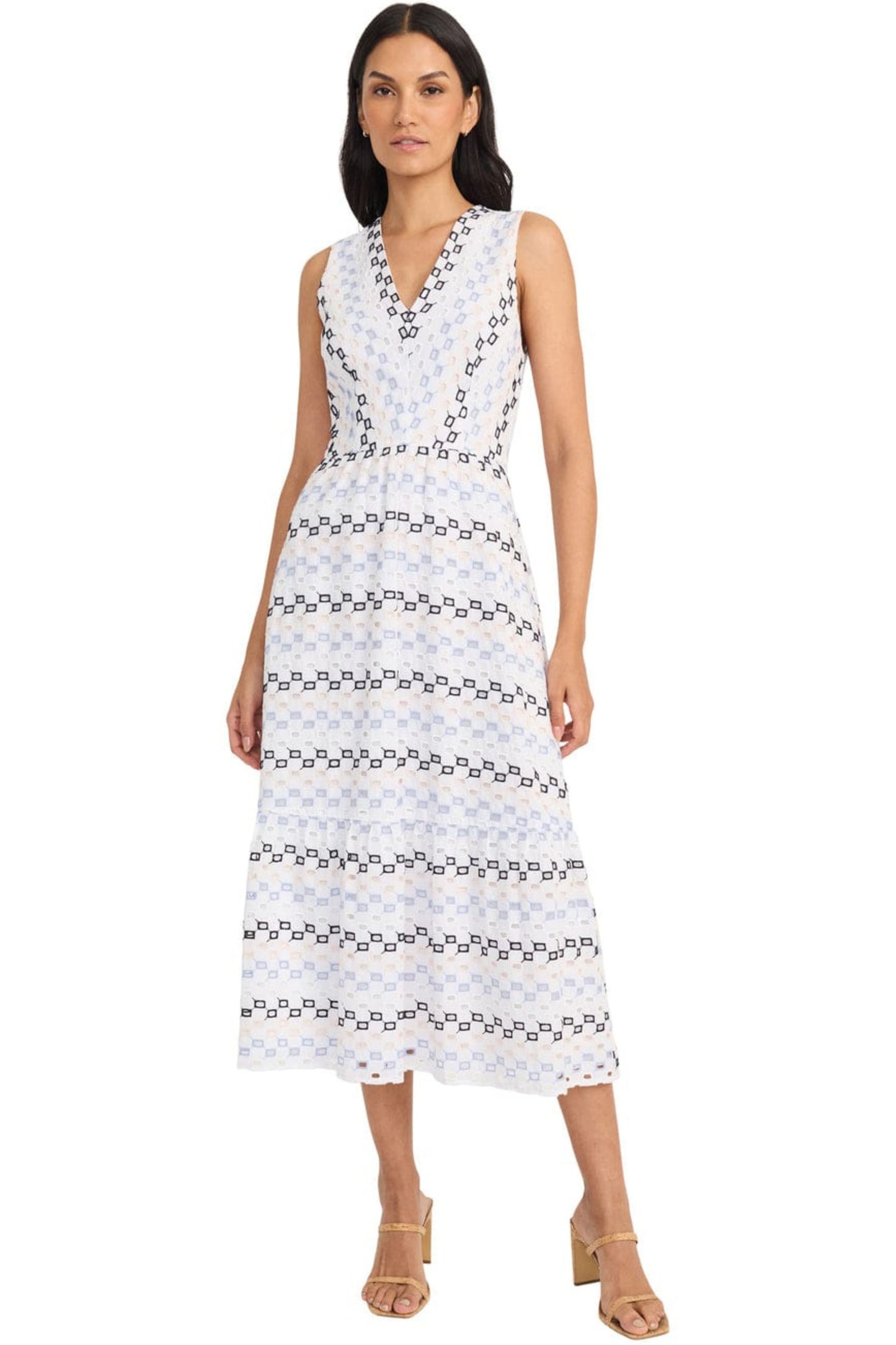Maggy London Geometric Eyelet Midi Dress
