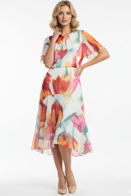 Maggy London Cream Multi Floral Chiffon Midi Dress