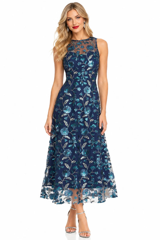Maggy London Navy Silver Floral Sequined Mesh Midi Dress