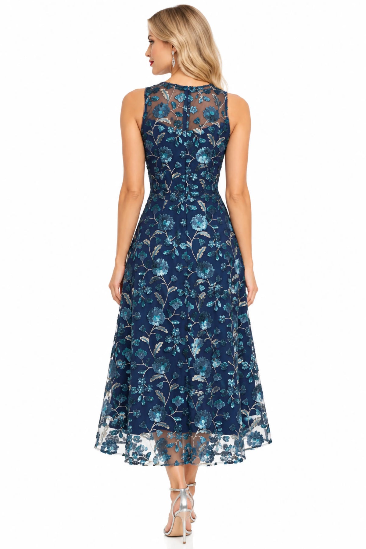 Maggy London Navy Silver Floral Sequined Mesh Midi Dress